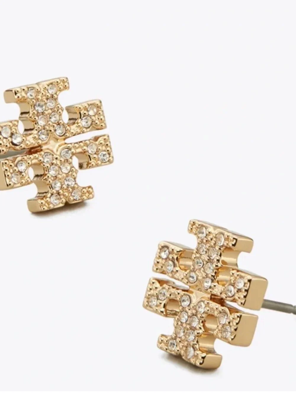 Tory Burch Crystal Double T Logo Stud Earrings Gold Tone Pavé Logo Earrings